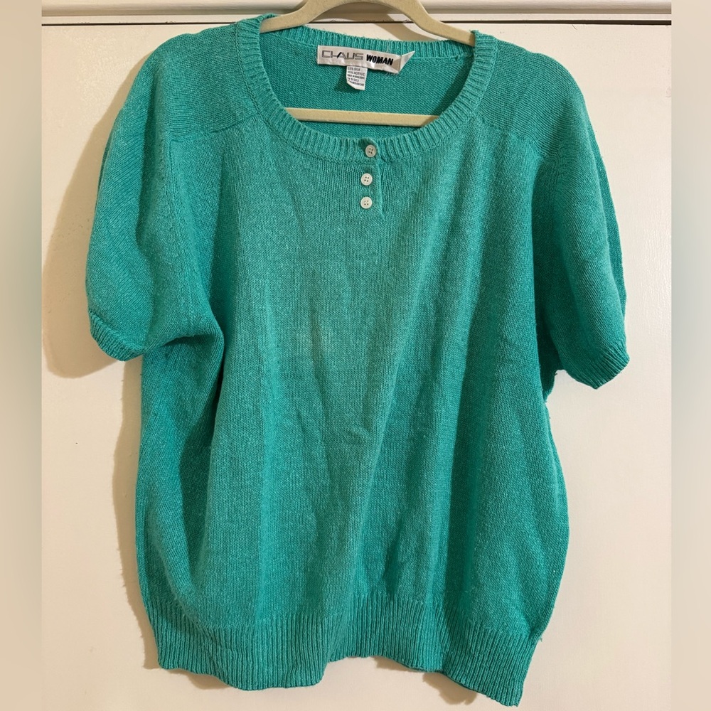 Vintage Chaus Woman Teal Knit Short Sleeve Top